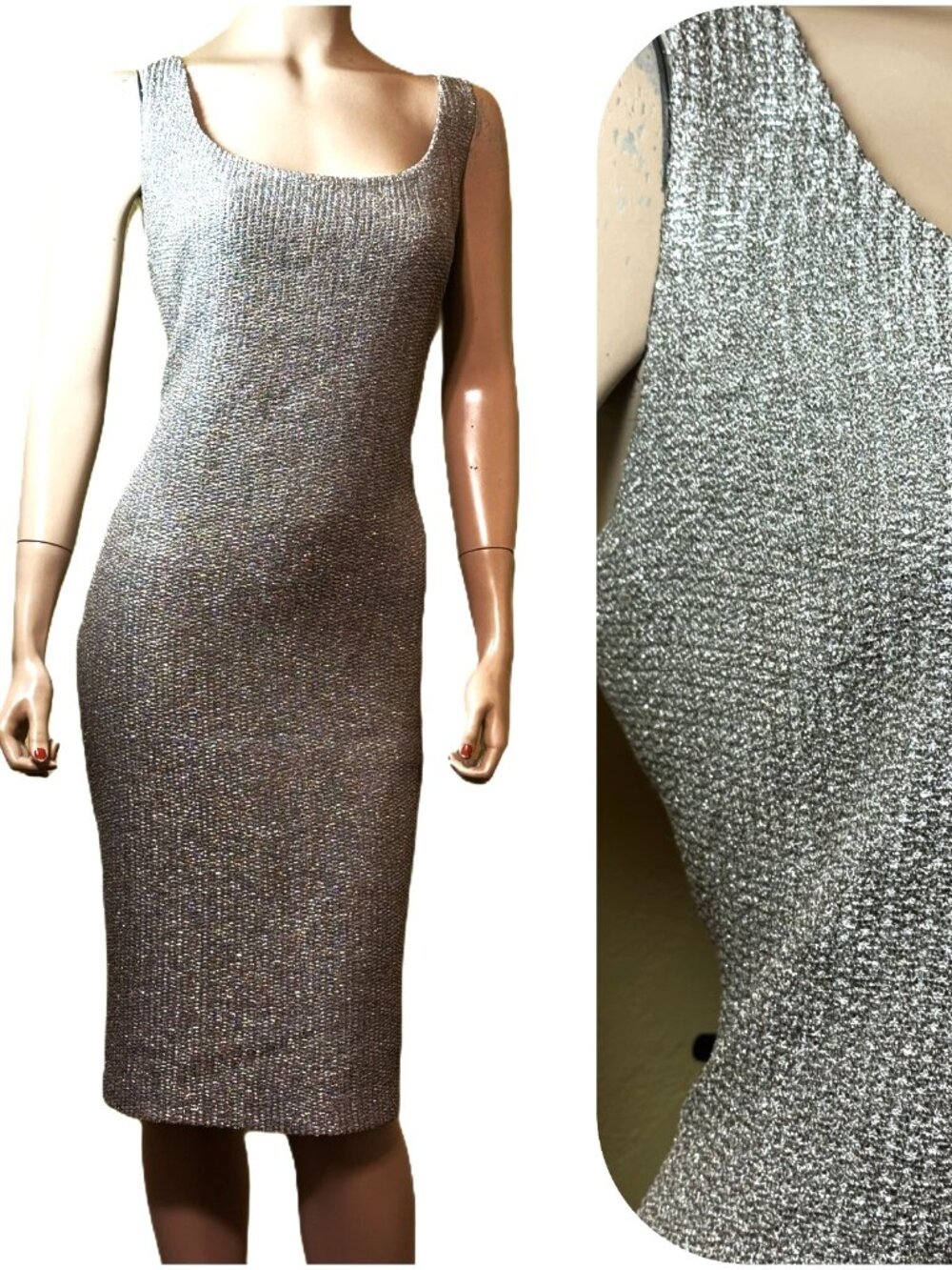 NWT NEW St John Sparkle Silver ~ Gold Sheath Style Dress sz 16 Shimmer & Shine